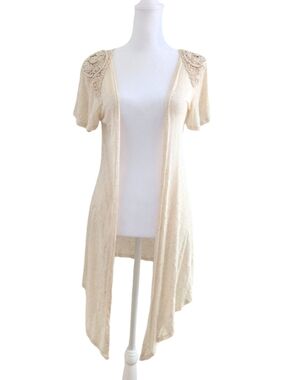 Vintage Gauzy Linen Blend Short Sleeve Fairy Cardigan with Crochet Shoulders S